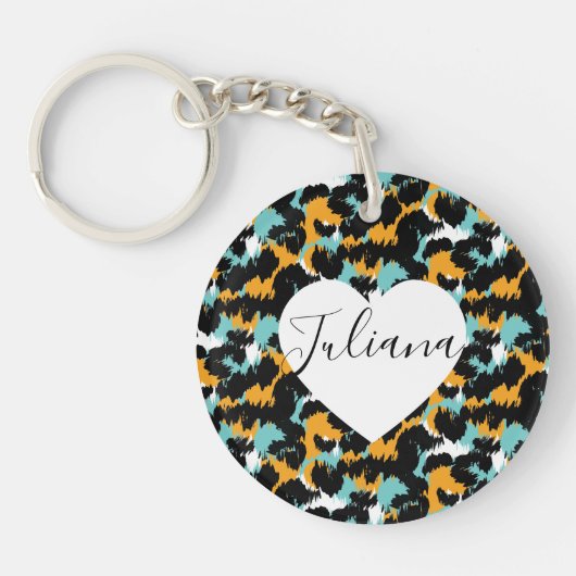 Luipaard Dierprint Turquoise Oranje Hart Sleutelhanger (Voorkant)