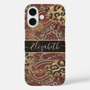 Luipaard en Paisley Print Personaliseer Naam iPhone 16 Hoesje