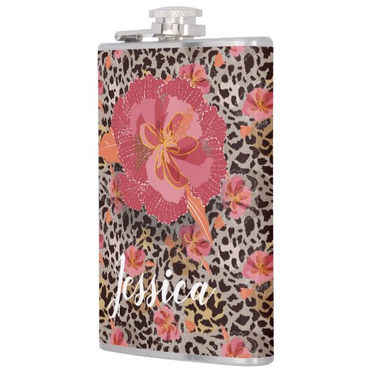 Luipaard en roze bloemen heupfles (Links)