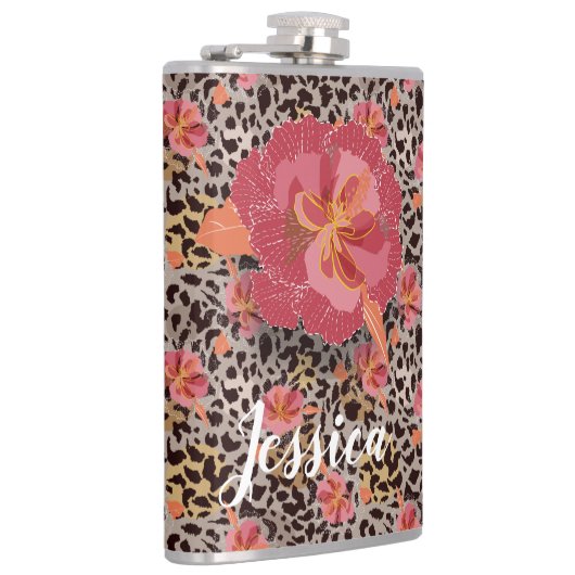 Luipaard en roze bloemen heupfles (Rechts)
