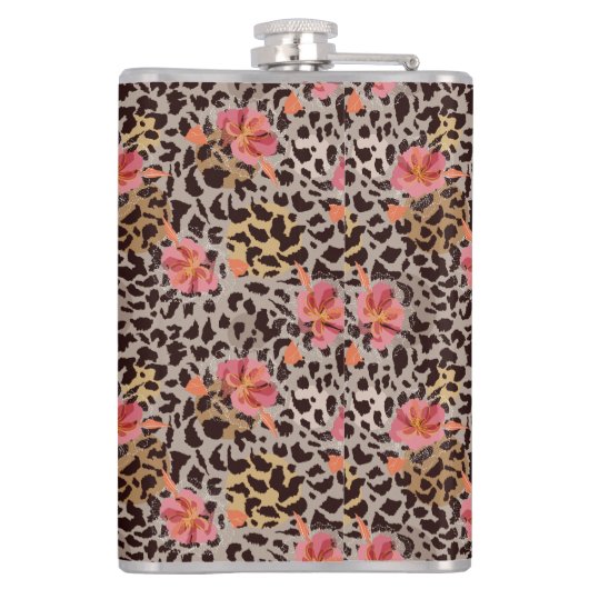 Luipaard en roze bloemen heupfles (Achterkant)