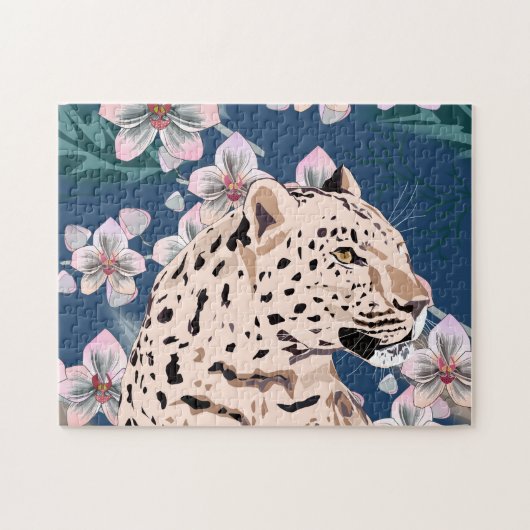 Luipaard en roze orchidee. legpuzzel (Horizontaal)