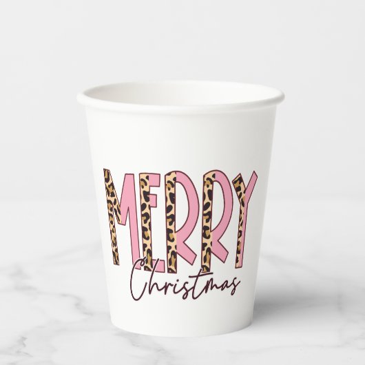 Luipaard en roze vrolijk kerstfeest papieren bekers (Voorkant)