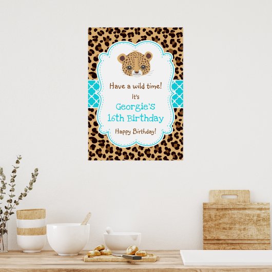 Luipaard folie geboortedag Poster blauw (Keuken)