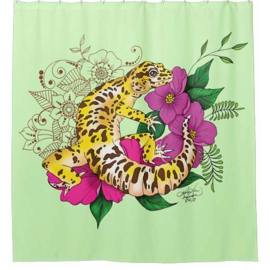 Luipaard Geel Gecko Groen Douchegordijn (Voorkant)
