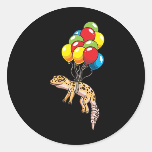 Luipaard gekko met ballonnen cadeau ronde sticker (Voorkant)