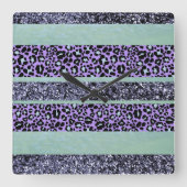 Luipaard Glitter Strepen Glam 3 Vierkante Klok (Voorkant)