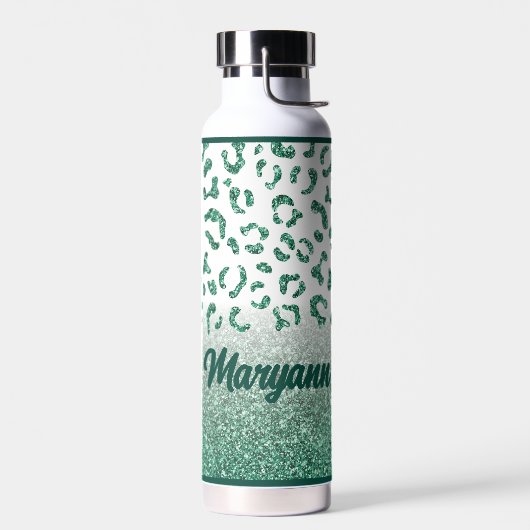 Luipaard Groene Glitter Dierenprint Eigen Naam Waterfles (Links)