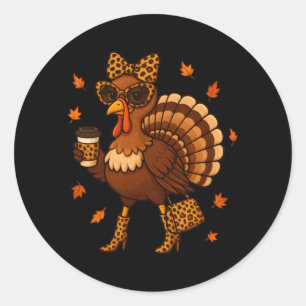 Luipaard Kalkoen Drinkt Koffie Thanksgiving Vrouwe Ronde Sticker