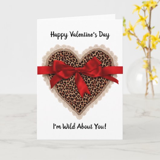 Luipaard Kant Rode Lint Valentijnsdag Hart  Kaart (Gele Bloem)