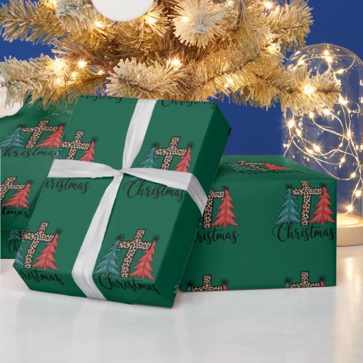 Luipaard Kruis Kerstbomen Christelijk Cadeaupapier (Feestdagen)
