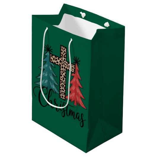 Luipaard Kruis Kerstbomen Christelijk  Medium Cadeauzakje (Voorkant Gekanteld)