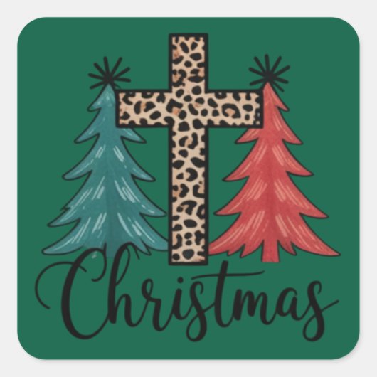 Luipaard Kruis Kerstbomen Christelijk  Vierkante Sticker (Voorkant)
