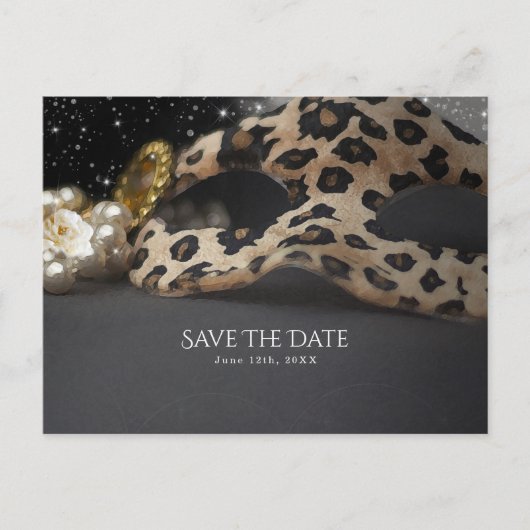 Luipaard Maskerade Masker & Parel Save the Date Aankondigingskaart (Voorkant)
