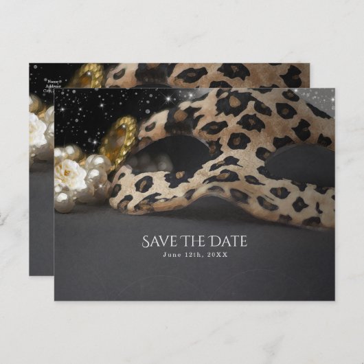 Luipaard Masquerade Masker & Parel Save the Date Aankondigingskaart (Voorkant / Achterkant)