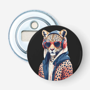 Luipaard met hoodie Grappig cool dierlijk karakter Button Flesopener