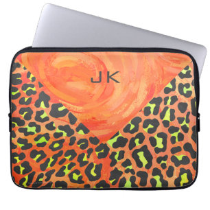 Luipaard Monogram Oranje en Gele Print Laptop Sleeve