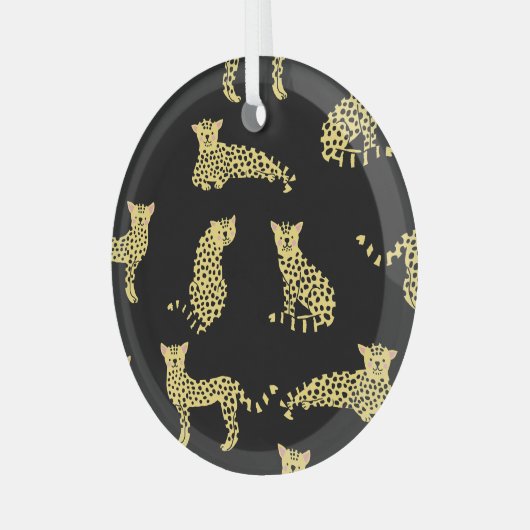 Luipaard Patroon: Zwarte achtergrond Cheetah Glas Ornament (Voorkant links)