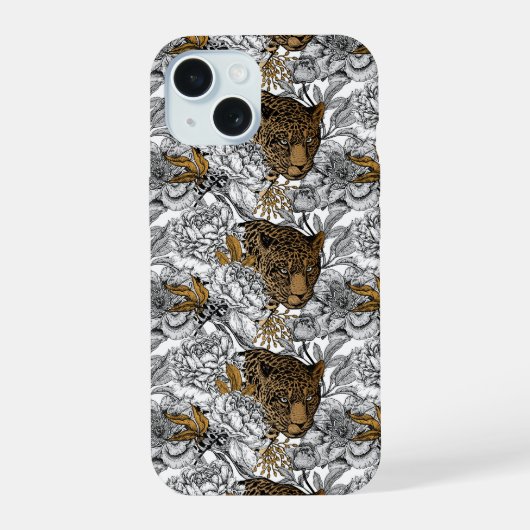 Luipaard & Pioenpatroon iPhone 15 Case (Achterkant)