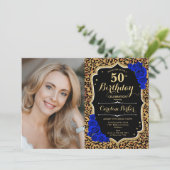 Luipaard Print Goud Royal Blue Foto 50ste verjaard Kaart (Staand voorkant)