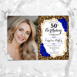 Luipaard Print Goud Royal Blue Foto 50ste verjaard Kaart<br><div class="desc">Elegante bloemenvrouwelijke 50e verjaardagsuitnodiging met uw foto. Glam koningsblauw wit ontwerp met faux glitter goud. Bevat dierenluipaard print, hot saffier blauw roos, script lettertype en confetti. Perfect voor een stijlvol volwassen feestje. Personaliseer met je eigen gegevens. Kan voor om het even welke leeftijd worden aangepast! Gedrukte Zazzle-uitnodigingen of direct download...</div>