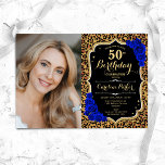 Luipaard Print Goud Royal Blue Foto 50ste verjaard Kaart<br><div class="desc">Elegante bloemenvrouwelijke 50e verjaardagsuitnodiging met uw foto. Glam zwart koningsblauw ontwerp met faux glitter goud. Bevat dierenluipaard print, saffier blauwe rozen, script font en confetti. Perfect voor een stijlvol volwassen feestje. Personaliseer met je eigen gegevens. Kan voor om het even welke leeftijd worden aangepast! Gedrukte Zazzle-uitnodigingen of direct download digitale...</div>