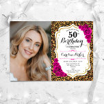 Luipaard Print Goud Roze Foto 50e Verjaardag Kaart<br><div class="desc">Elegante bloemenvrouwelijke 50e verjaardagsuitnodiging met uw foto. Glam wit ontwerp met faux glitter goud. Beschikt over dierenluipaard print, hete roze rozen, script lettertype en confetti. Perfect voor een stijlvol volwassen feestje. Personaliseer met je eigen gegevens. Kan voor om het even welke leeftijd worden aangepast! Gedrukte Zazzle-uitnodigingen of direct download digitale...</div>
