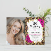 Luipaard Print Goud Roze Foto 50e Verjaardag Kaart (Staand voorkant)