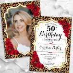 Luipaard Print Goud Wit Foto 50e Verjaardag Kaart<br><div class="desc">Elegante vrouwelijke 50e verjaardag uitnodiging met je foto aan de achterkant van de kaart. Glam design met dierenluipaard print en faux glitter goud. Beschikt over rode rozen, script lettertype en confetti. Perfect voor een stijlvol volwassen feestje. Personaliseer met je eigen gegevens. Kan voor om het even welke leeftijd worden aangepast!...</div>