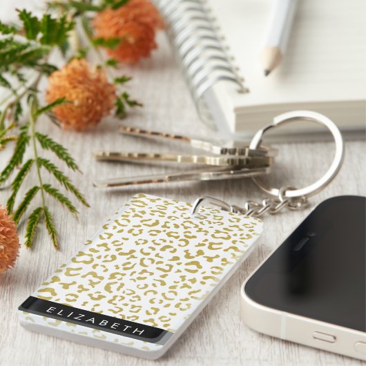 Luipaard Print, Gouden Luipaard, Glitter, Jouw naa Sleutelhanger (Voorkant Rechts)