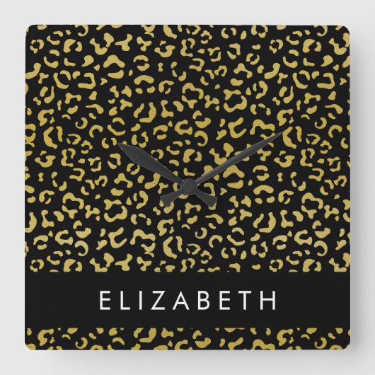 Luipaard Print, Gouden Luipaard, Glitter, Jouw naa Vierkante Klok (Voorkant)