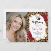 Luipaard Print Gouden Rode Foto 50ste verjaardag Kaart (Voorkant)