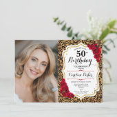 Luipaard Print Gouden Rode Foto 50ste verjaardag Kaart (Staand voorkant)