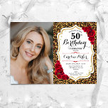 Luipaard Print Gouden Rode Foto 50ste verjaardag Kaart<br><div class="desc">Elegante bloemenvrouwelijke 50e verjaardagsuitnodiging met uw foto. Glam wit ontwerp met faux glitter goud. Beschikt over dierenluipaard print, rode rozen, script lettertype en confetti. Perfect voor een stijlvol volwassen feestje. Personaliseer met je eigen gegevens. Kan voor om het even welke leeftijd worden aangepast! Gedrukte Zazzle-uitnodigingen of direct download digitale afdrukbare...</div>