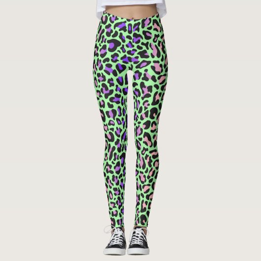 Luipaard Print Groen Paarse Roze Zwart Leggings (Voorkant)