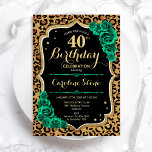 Luipaard Print Groene Rozen 40e Verjaardag Kaart<br><div class="desc">Uitnodiging voor het 40e verjaardagsfeestje. Elegant floral smaragdgroen design met faux glitter goud en rozen. Beschikt over luipaard cheetah dierenprint en script lettertype. Perfect voor een stijlvolle vrouwendag. Kan voor om het even welke leeftijd worden aangepast! Gedrukte Zazzle-uitnodigingen of direct download digitale afdrukbare sjabloon.</div>