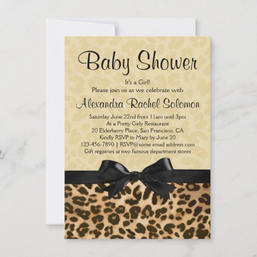 Luipaard Print met Bow Girl Baby shower Invitation Kaart (Voorkant)