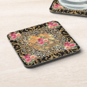 Luipaard print met rozen en gouden glitter bier onderzetter (Linkerzijde)