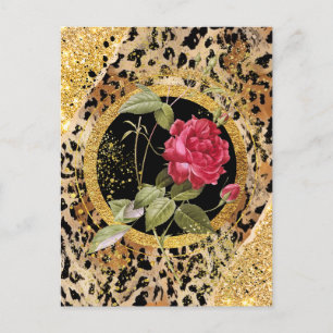 Luipaard print met rozen en gouden glitter briefkaart