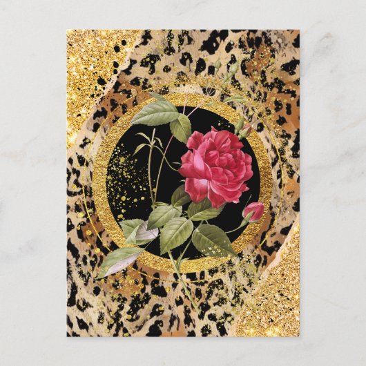 Luipaard print met rozen en gouden glitter briefkaart (Voorkant)