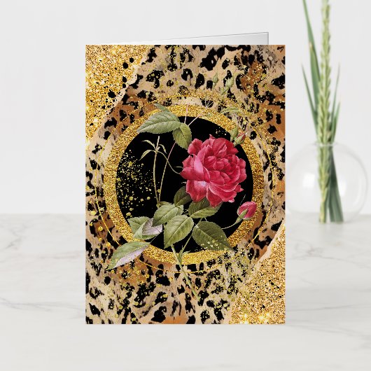 Luipaard print met rozen en gouden glitter folie wenskaart (Voorkant)