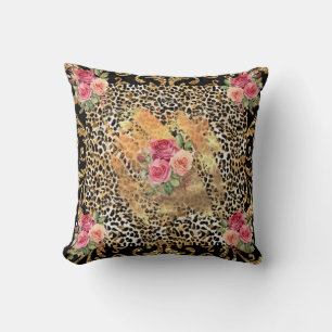 Luipaard print met rozen en gouden glitter kussen