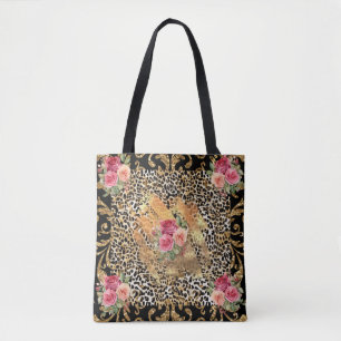 Luipaard print met rozen en gouden glitter tote bag
