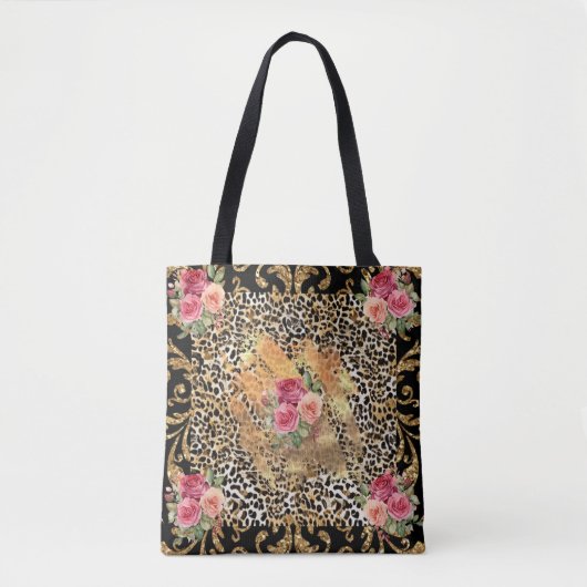Luipaard print met rozen en gouden glitter tote bag (Voorkant)