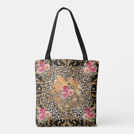 Luipaard print met rozen en gouden glitter tote bag (Achterkant)