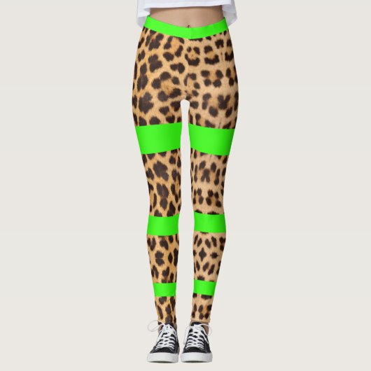 Luipaard Print Neon Groen Gestreepte Vrouwen Leggi Leggings (Voorkant)