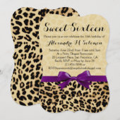 Luipaard Print Paarse strik Sweet 16 feestuitnodig Kaart (Voorkant / Achterkant)