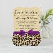 Luipaard Print Paarse strik Sweet 16 feestuitnodig Kaart (Staand voorkant)