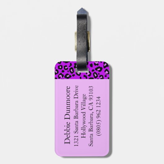Luipaard print paarse zwart monogram bagagelabel (Achterkant verticaal)
