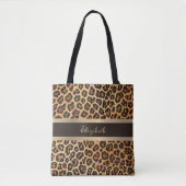 Luipaard Print Patroon Bruin en Gouden Streep Naam Tote Bag (Voorkant)